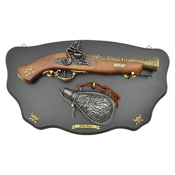 Jolly Roger Pistol and Flask on Plaque